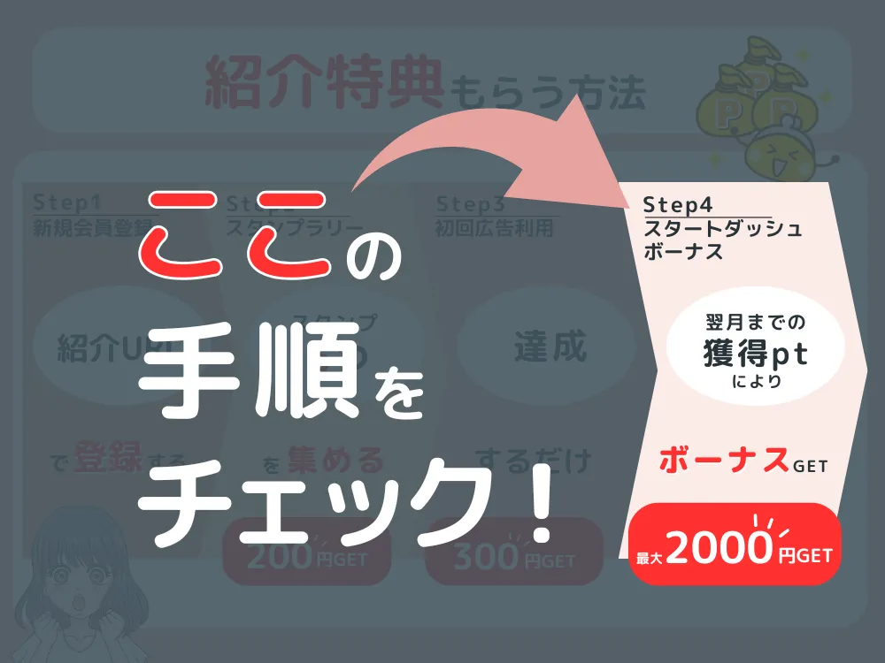 ちょびリッチの紹介特典を受け取る手順全ステップ図解
4スタートダッシュボーナス
