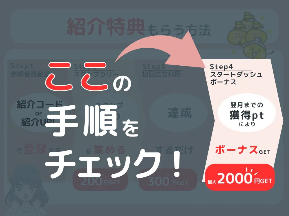 ちょびリッチの紹介コードで紹介特典を受け取る手順全ステップ図解
4スタートダッシュボーナス