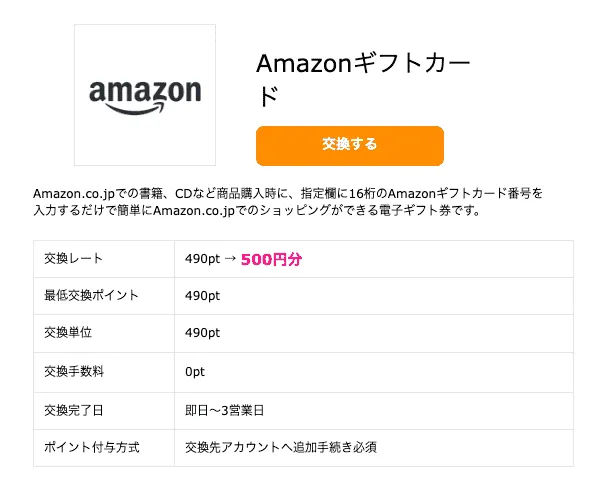 ハピタスのポイント交換先一例(Amazonギフト)