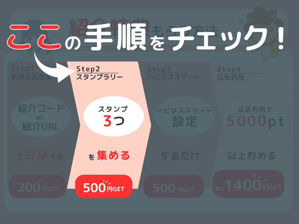 ハピタスの紹介コードで紹介特典を受け取る手順全ステップ図解
2スタンプラリー
