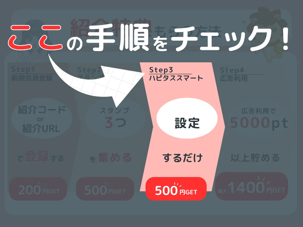 ハピタスの紹介コードで紹介特典を受け取る手順全ステップ図解
3ハピタススマート設定
