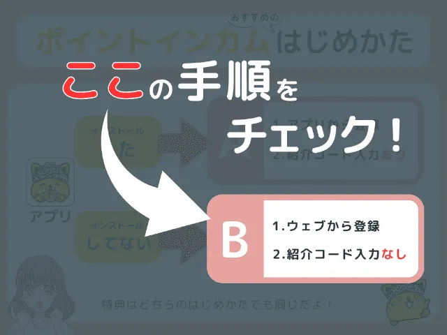 ポイントインカムの新規登録手順
登録方法を選択するフロー画像
Bウェブから登録する