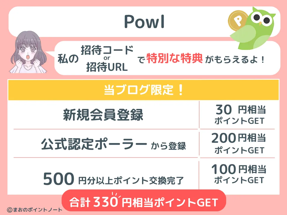 Powl 招待コード特典(最大300円)の図解