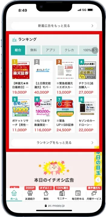 モッピーのサイトトップページに設置されたランキングコーナー
案件のランキング検索が可能