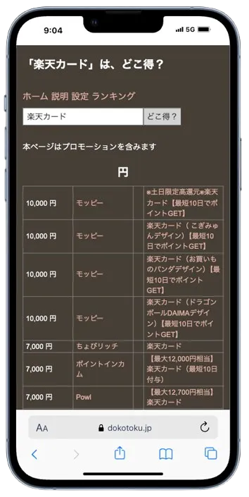 どこ得で案件(楽天カード)を検索してる画面
モッピーが1番高額であることが分かる