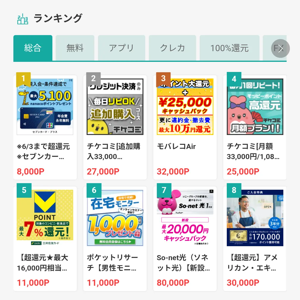 モッピーの広告検索(ランキング検索)