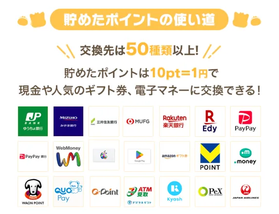 ポイントインカムのポイント使い道一例
PayPayやAmazonギフトカード、銀行振込など