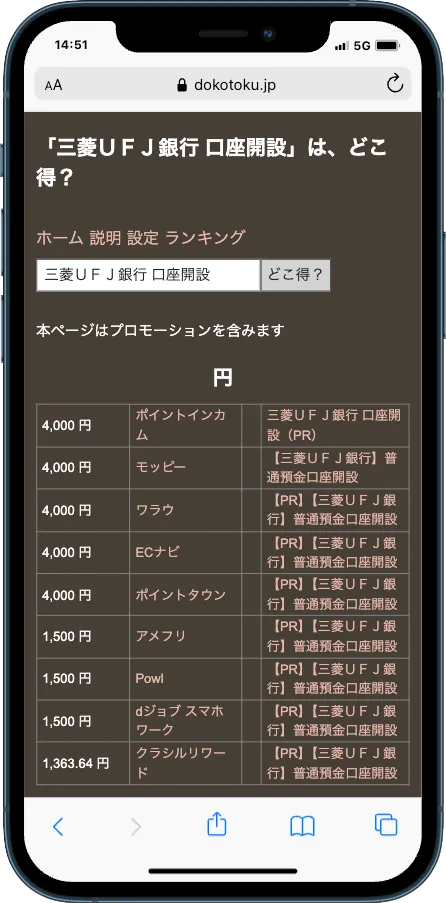 どこ得で案件(三菱UFJ銀行 口座開設)を検索してる画面
ポイントインカムが1番高額であることが分かる