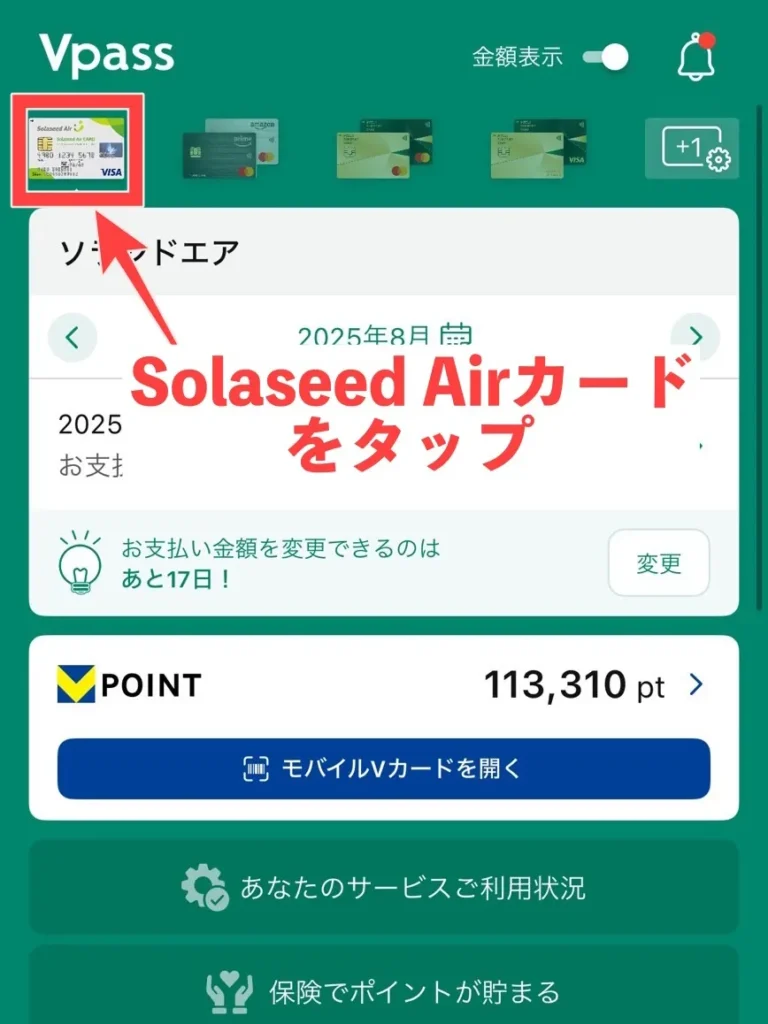 Vポイントをソラシドエアマイルに交換する方法の図解
手順② Solaseed Airカードを選択する