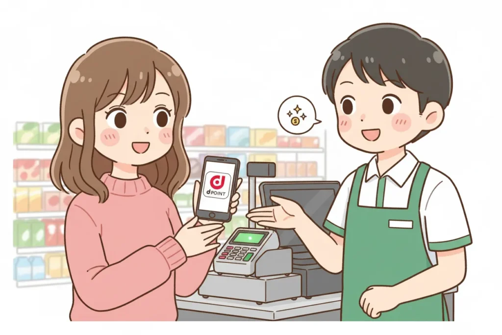 dポイントをお店で利用しているオリジナルイラスト