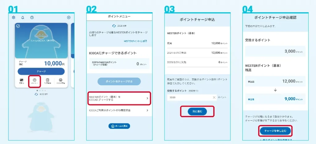 WESTERポイントからICOCAにチャージする手順の図解