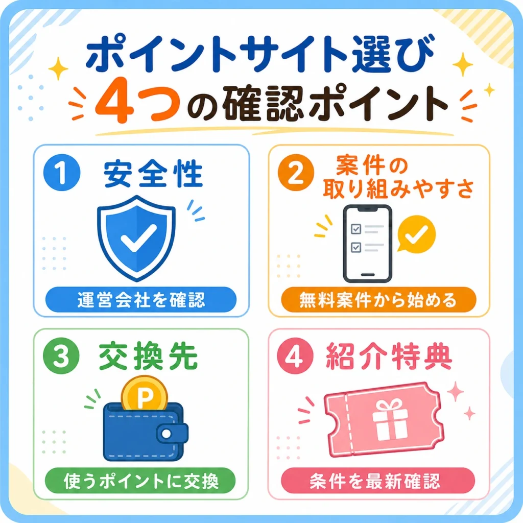初心者がポイントサイトを選ぶときの4つのポイントとその図解