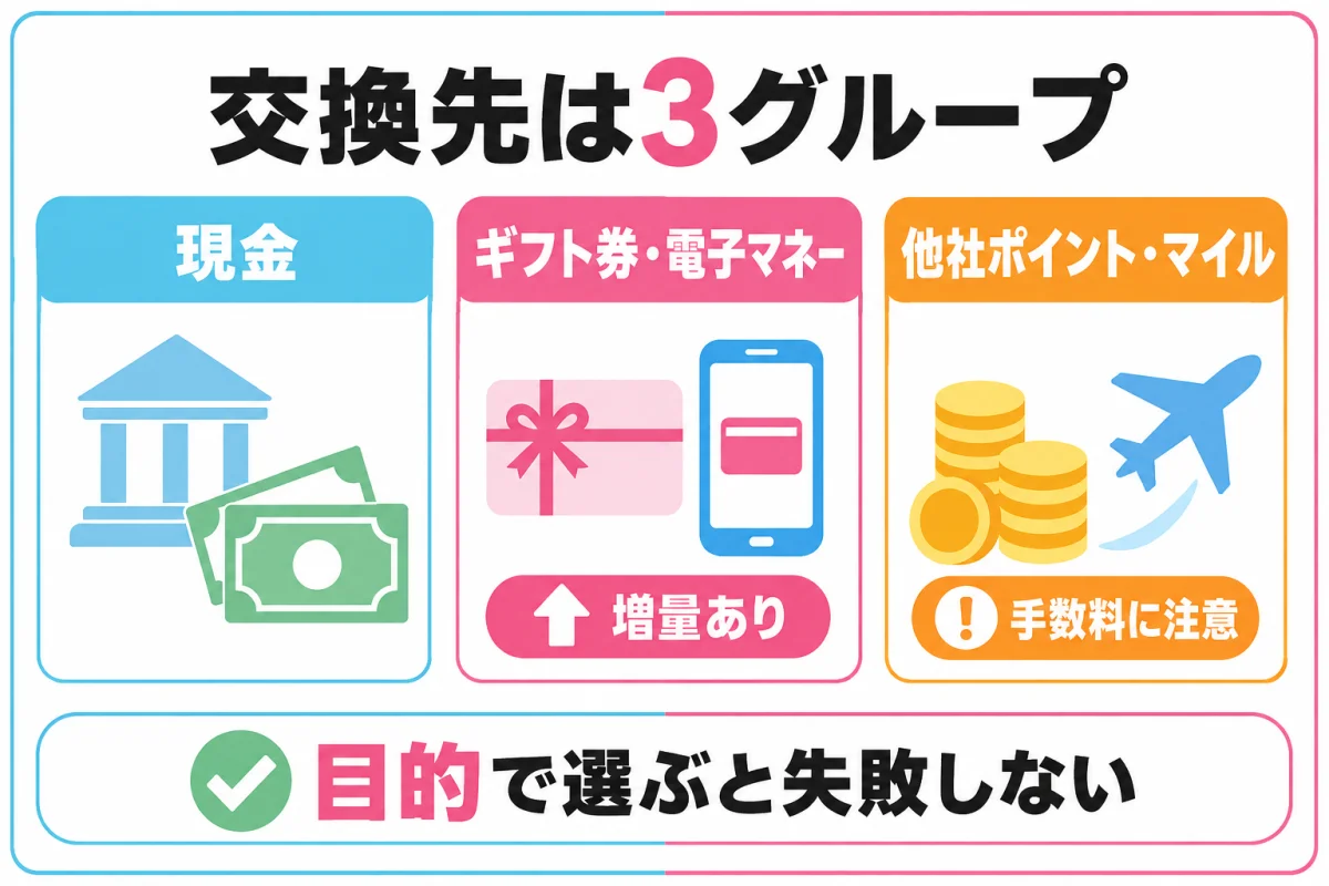 ハピタスの交換先を現金・ギフト券・他社ポイントの3グループに図解