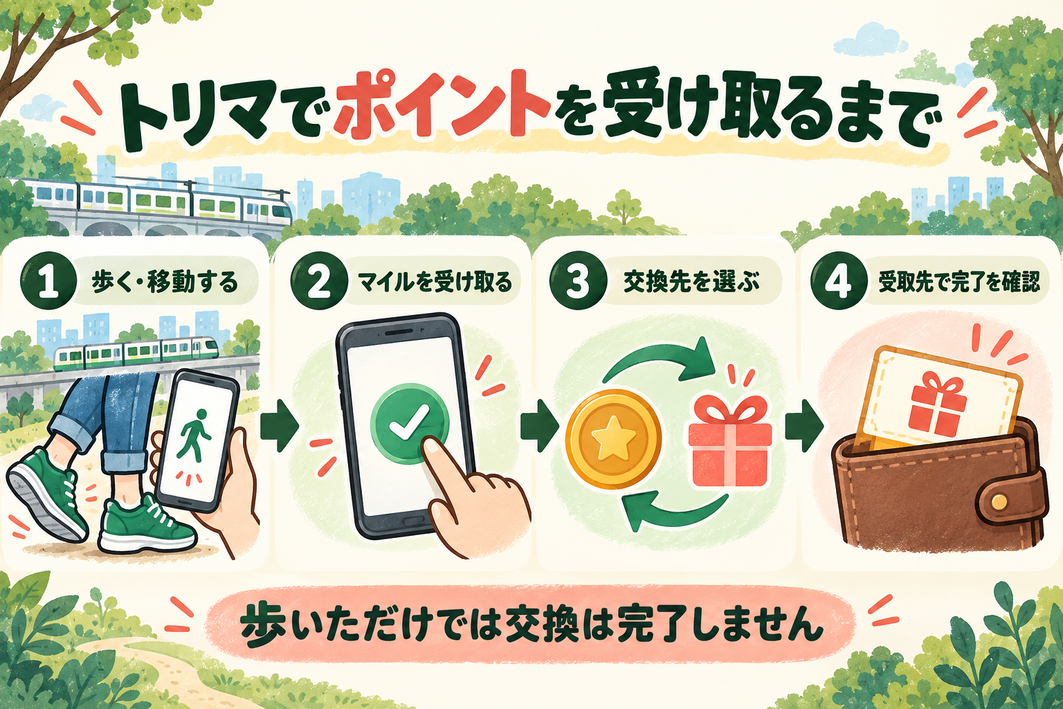 トリマで歩く・移動する、マイルを受け取る、交換先を選ぶ、受取先で完了を確認する4段階の流れ